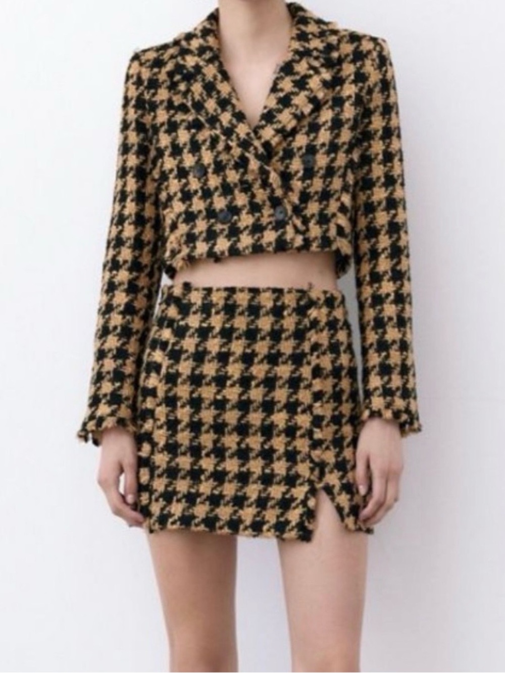 ZARA Tan Herringbone Blazer & Skirt Set | Medium